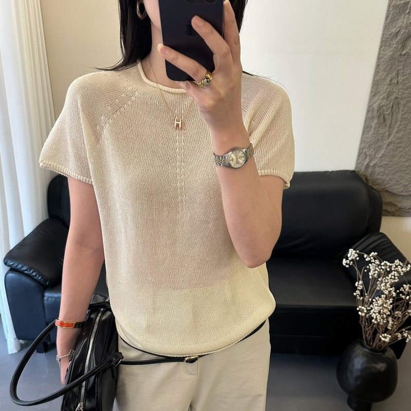 Japanese Imported Washi Yarn 2026 Spring/Summer New Breathable and Dry-Feeling Rolled-Edge Round-Neck Short-Sleeve Knit T-Shirt for Women Japanese Imported Washi Yarn 2026 Spring/Summer New Breathable and Dry-Feeling Rolled-Edge Round-Neck Short-Sleeve Knit T-Shirt for Women