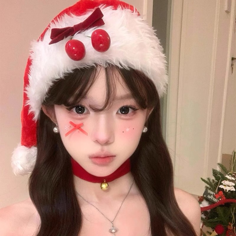 원래 가을, 겨울 체리 활 플러시 산타 모자 크리스마스 COS 의류 사진 머리 장식 크리스마스 모자