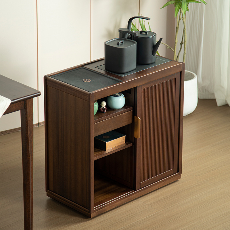Mobile Solid Wood Tea Cabinet Walnut Tea Side Cabinet Fully Equipped Tea Table Office Home Kettle Integrated Storage Cabinet