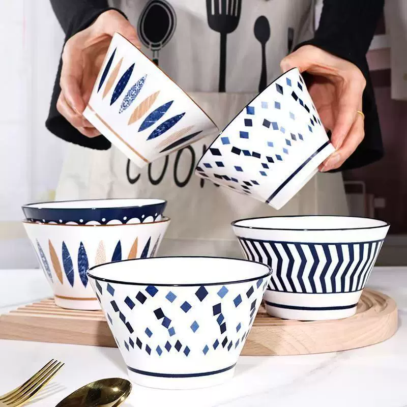 家用陶瓷餐具5斗笠碗米饭碗网红和风高脚拉面碗沙拉碗可微波