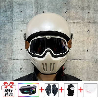 Standard 3C Certified Retro Motorcycle — Motosiklet kaskı (dəbilqə) - pearl-white-with-retro-white-tea-goggles-transparent-glasses-delivered-y10-soft-wheat-m