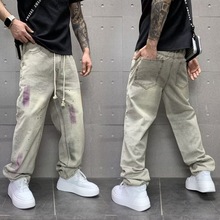 2024夏季松紧腰抽绳复古水洗牛仔裤男款涂鸦设计中裤宽松裤