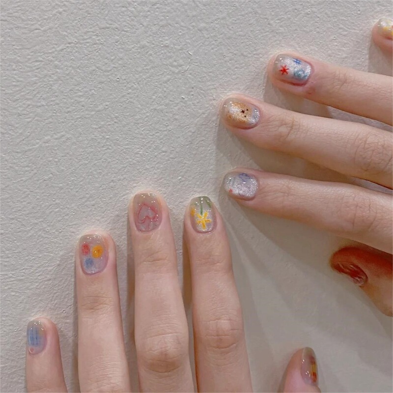 Painted Glass Bead Cat-Eye Playful Girly Handmade Wearable Short Nail Stickers Xiaohongshu Hot-Selling Student Wholesale Painted Glass Bead Cat-Eye Playful Girly Handmade Wearable Short Nail Stickers Xiaohongshu Hot-Selling Student Wholesale