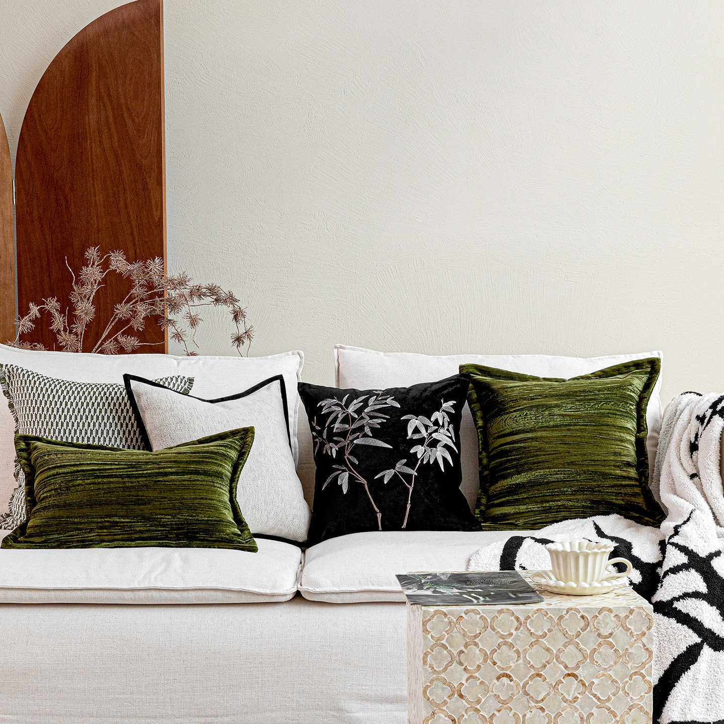 Medieval Style Pillow, Retro Green Black and White Cushion, French Chinese Style Sofa Cushion, B&B Wabi-Sabi Style Living Room Soft Decoration