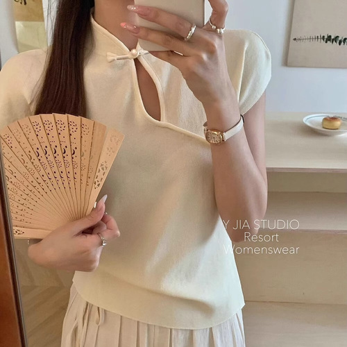 New Chinese style, national style, design, button-down collar, summer base shirt, Feifei sleeves, temperament sweater top