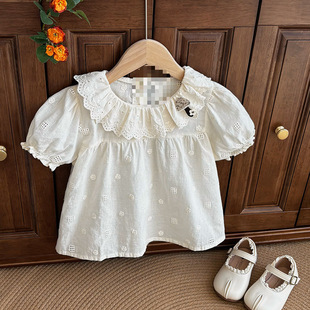[Multiple Sizes to Choose from] Girls Summer New Fashionable Lace Short-Sleeved Shirts Pure Cotton Girls
