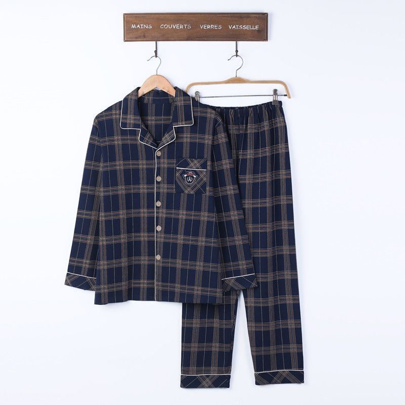 100% pijamas de algodón de primavera y otoño de los hombres de manga larga joven y de mediana edad Otoño e Invierno flojo cardigan traje de desgaste para el hogar