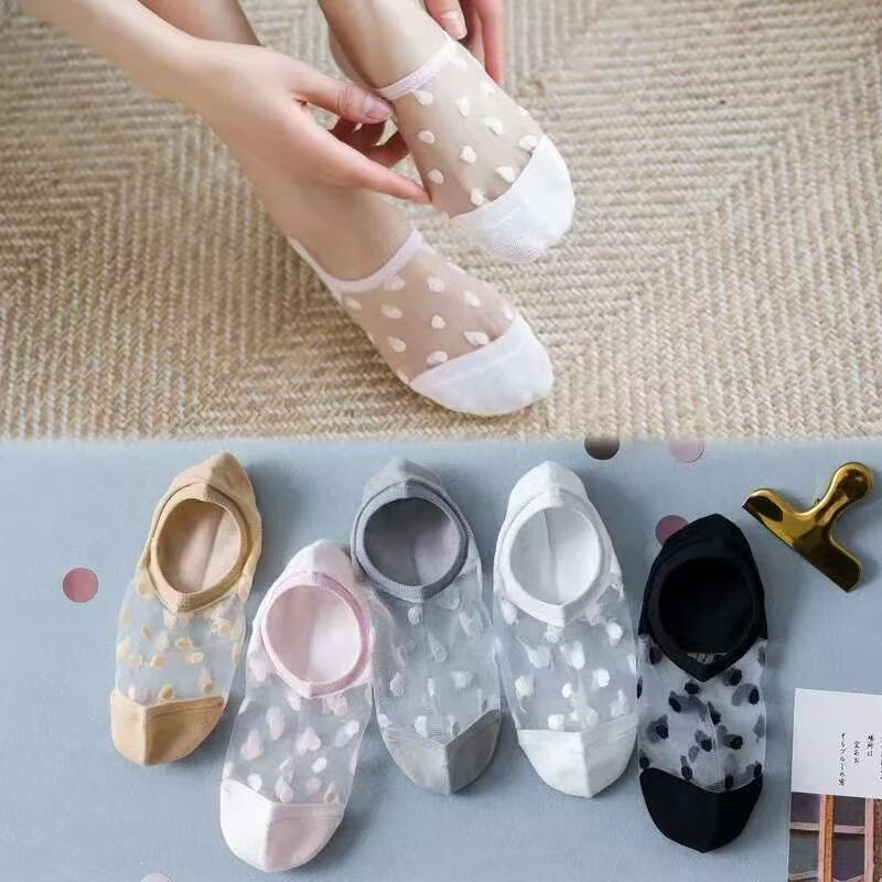 Summer Socks for Women, Korean Style, Thin, Transparent, Dotted Glass Silk, Shallow Mouth, Japanese Style, Cute, Student-Friendly, Versatile, Transparent Ankle Socks