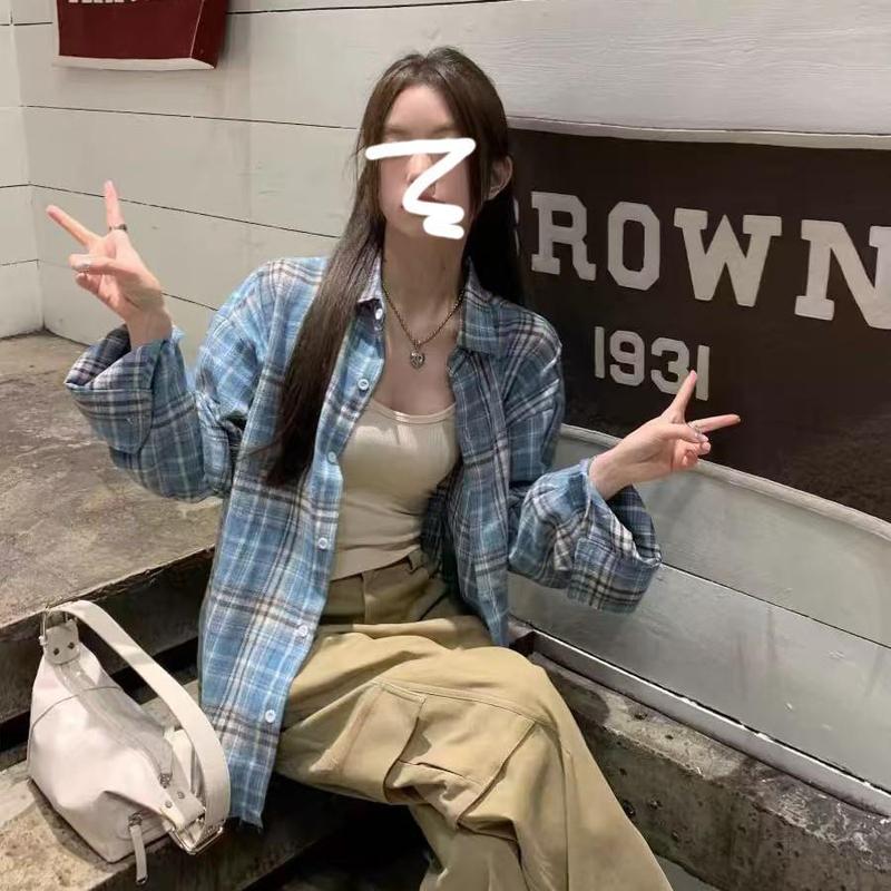 春季格子衬衫女韩版慵懒时尚宽松显瘦百搭开衫休闲外套女装粉色|undefined