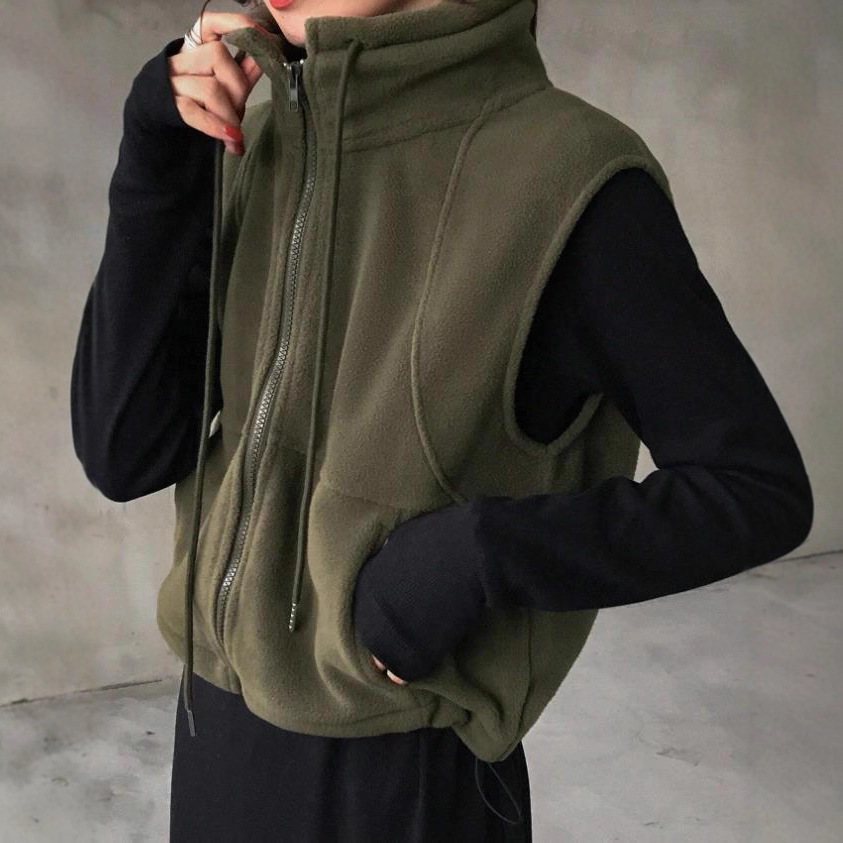 Europa y los Estados Unidos transfronterizos mujeres de color sólido con cremallera de cuello redondo, chaqueta sin mangas, otoño / invierno image 3