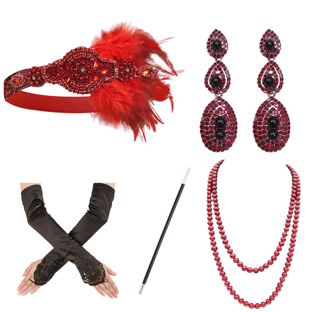 1920 Flapper vestido de niña disfraz de Halloween guantes de cigarrillos collar de varilla venda tira de lana conjunto de cinco piezas