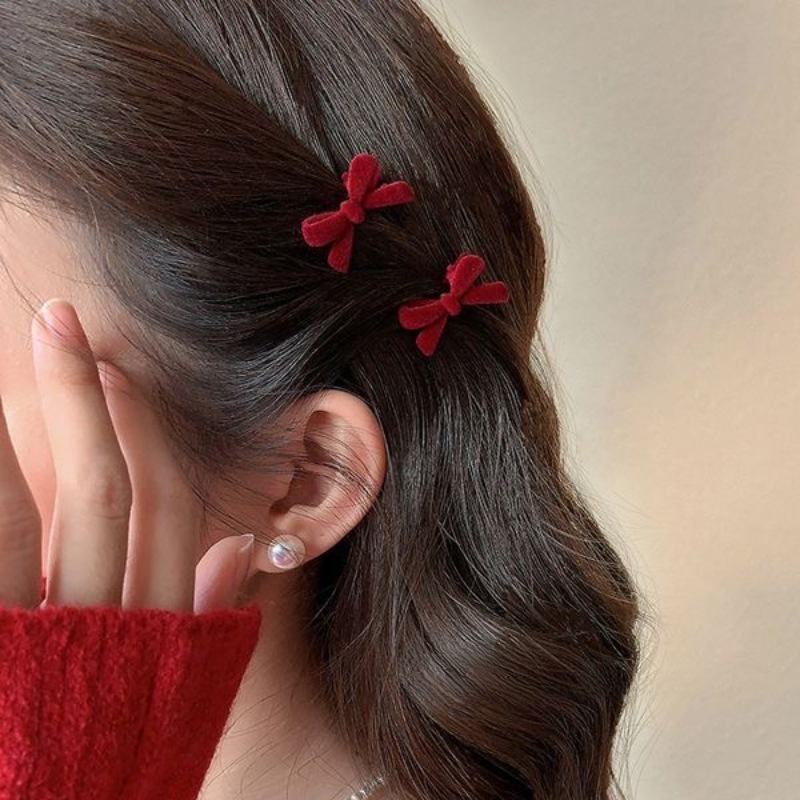 Agrafă de păr vintage cu fundă din catifea roșie, dimensiuni mici, breton, clip pentru frunte, coafură, accesorii de păr de Anul Nou de înaltă calitate_voghion.com