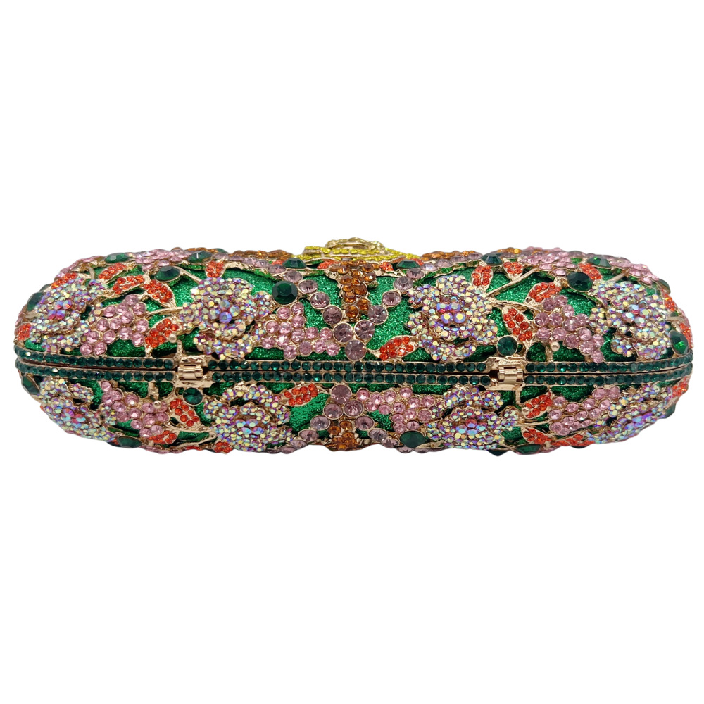 Túi clutch nữ đính kim cương hoa hộp cứng kim loại phong cách Âu Mỹ — màu xanh lá cây, Tùy chỉnh các màu khác chi tiết 2