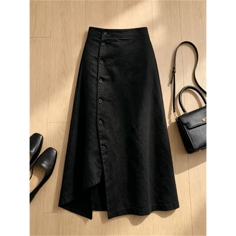 Classic French retro long skirt with side button design and irregular slit, suitable for petite figures, summer skirt Classic French retro long skirt with side button design and irregular slit, suitable for petite figures, summer skirt
