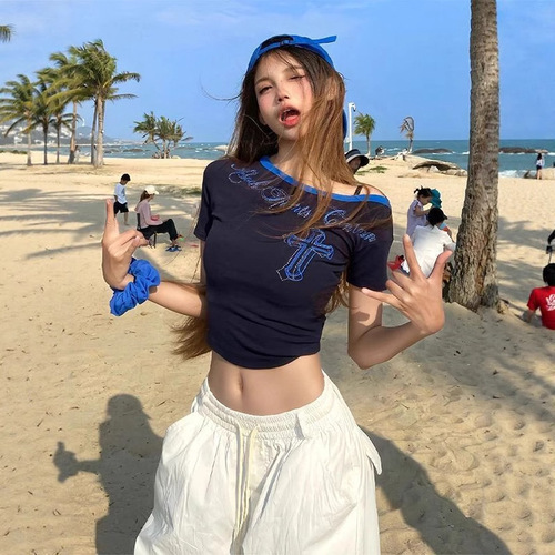 260g Cotton Modal Blouse with Letter Embroidered Gems Sloping Shoulder Short Sleeve Women's Fitted Shoulder-Stripping American Style Top