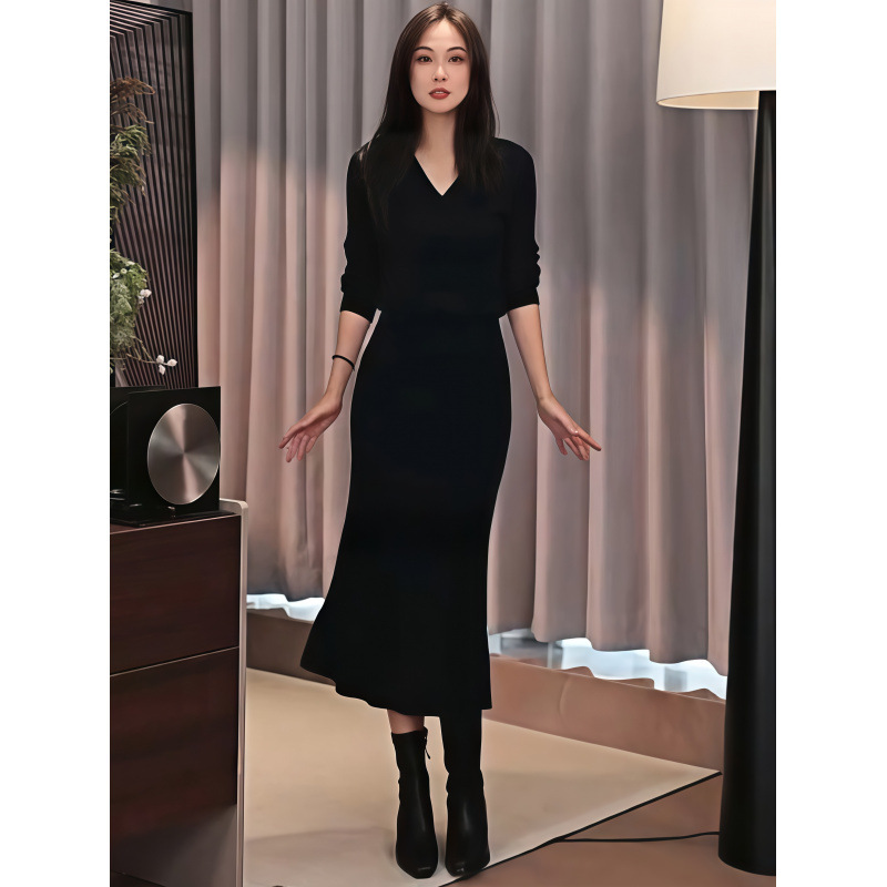 7628聚光灯针织连衣裙 红毯女神！V领收腰鱼尾裙|undefined