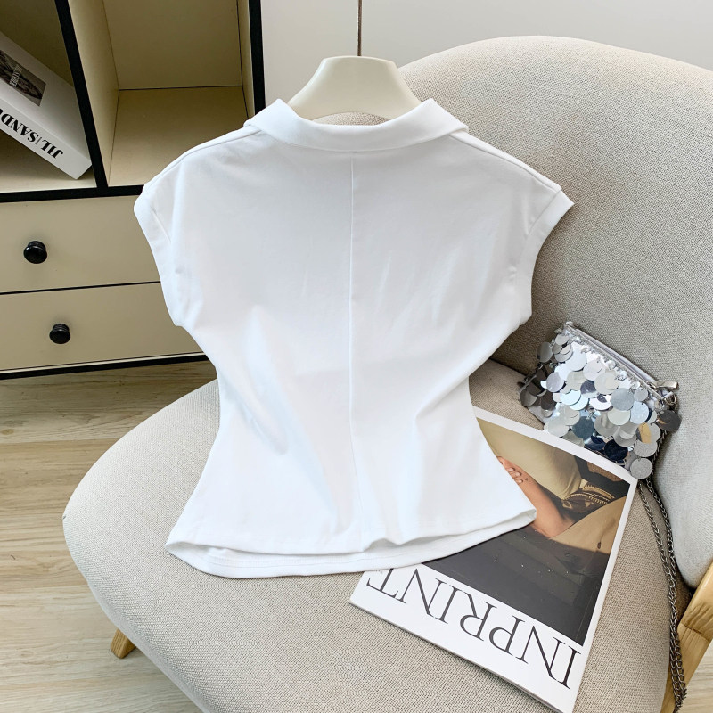 Áo thun polo nữ tay ngắn cổ bẻ kèm khăn lụa phong cách Pháp — màu trắng chi tiết 16
