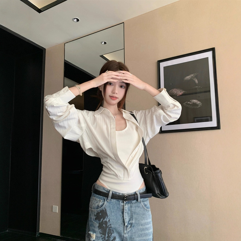 Spliced ​​Fake Two-Piece Polo Collar Long-Sleeved Shirt for Women Early Autumn Slim Waist Shirt White Top Pure Desire Jumpsuit