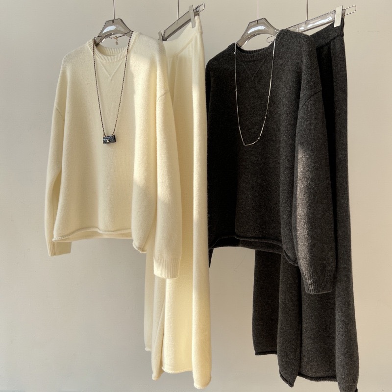 韩系慵懒风针织套装女2025秋冬新款圆领毛衣高腰抽绳长裤两件套