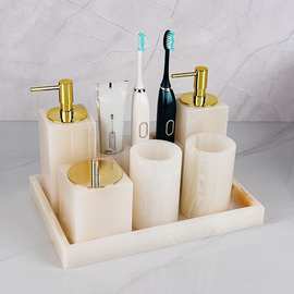 跨境白玉石大理石卫浴用品洗漱口杯套装高端轻奢浴室摆件样板代发