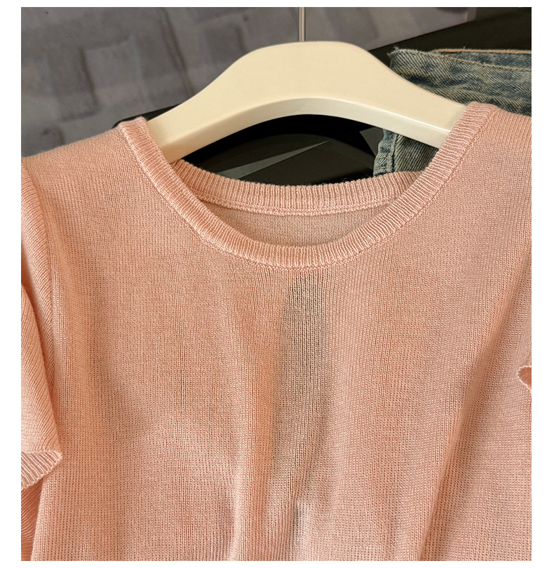 Women's Clothing Women's Summer New Casual Sports Fashion Suit Round Neck Back Tie Hollow Short Sleeve Denim Pants Two Piece Suit_mkmklike.com