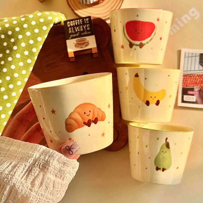 Cute Fruit Croissant Ceramic Cup for Home and Dormitory Use, New High-Appearance Breakfast Cup, Milk Cup, Mug