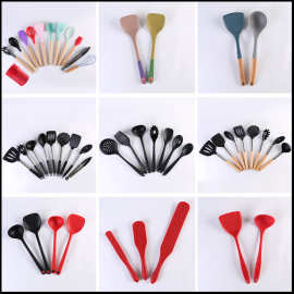 亚马逊硅胶厨具套装家用木柄不锈钢一体式硅胶不粘锅专用锅铲套装