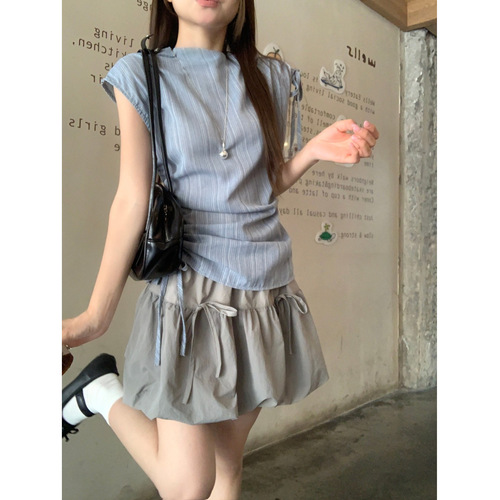 Blue French stripe drawstring strap shirt for women 2025 summer new sweet style trendy sleeveless top