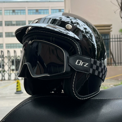 Motosiklet dəbilqələri – 3/4 helmet winter retro half helmet - m-bright-black-retro-black-tea-goggles