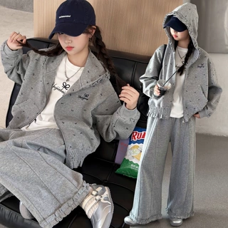 女童套装秋装2026新款儿童休闲印花连帽外套中大童春秋花边阔腿裤