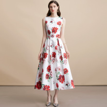 高级感小洋装女欧美名媛时尚印花圆领收腰压褶大摆蓬蓬无袖连衣裙