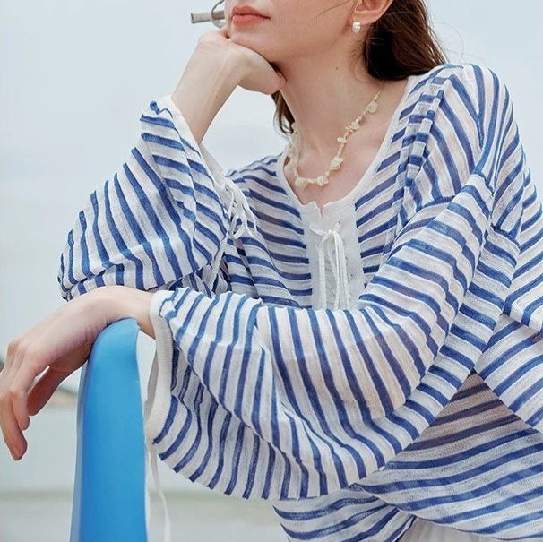 French Resort-Style Stripesd Knitwear for Women 2026 Summer Loose and Breathable Nautical Style Long-Sleeved T-Shirt Top