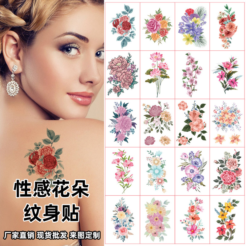 Cross-border New Watercolor Flower Tattoo Sticker Waterproof Sweat Fashion Sexy Hand Waist Chest Flower Arm Temporary Simulation Tab Green