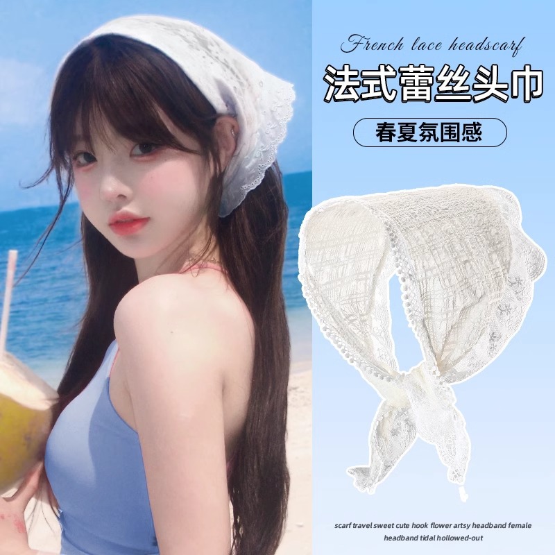 Pañuelo de encaje francés para mujeres 2025 nuevo pañuelo triangular de verano pastoral pañuelo triangular blanco para el cabello