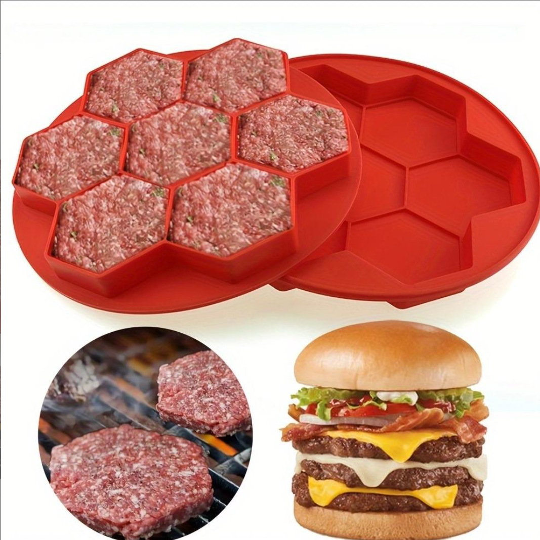 New Hexagonal 7-Hole Silicone Meat Pie Mold, Hamburger Meat Pressing Tool, High Temperature Resistant Cake Baking Pan