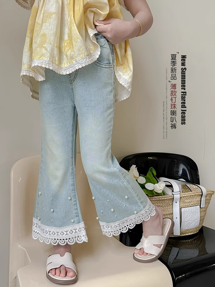复古女童微喇天丝牛仔裤女孩夏季新款钉珠花边设计薄款垂感喇叭裤