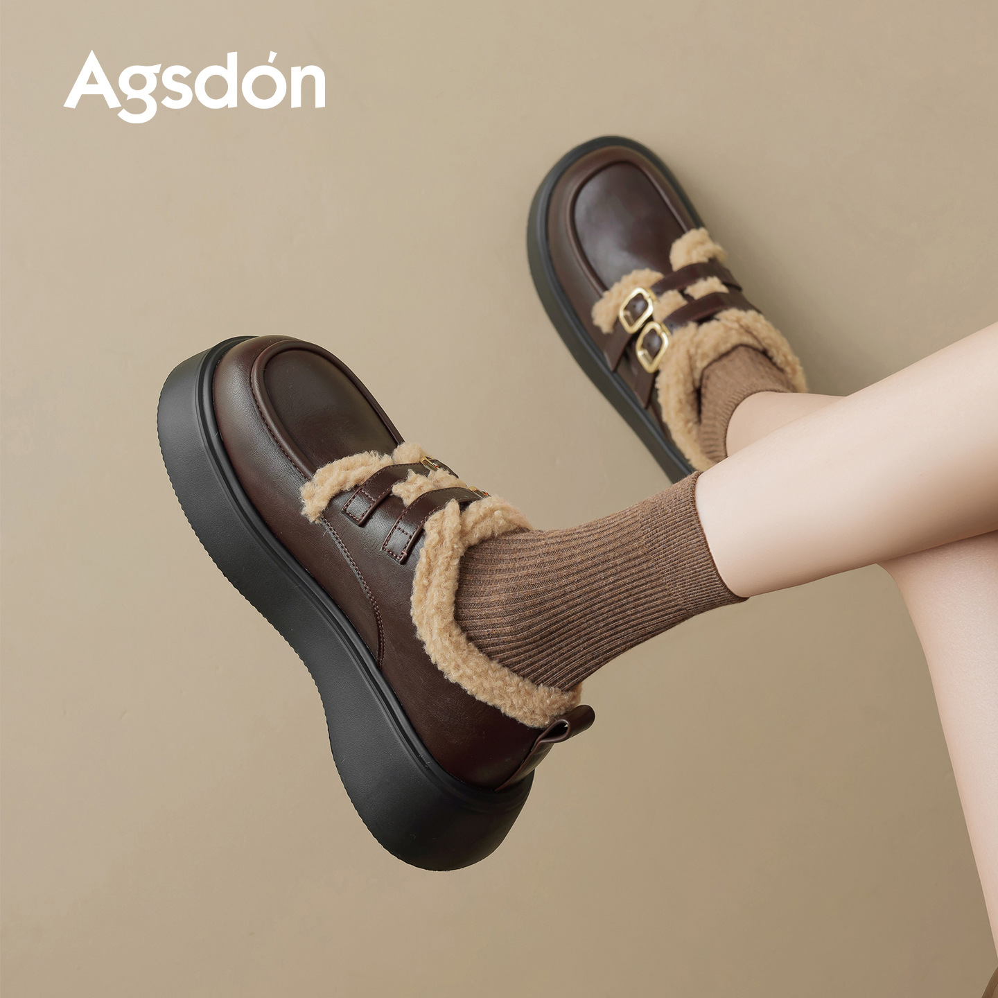 Augusto Lion negro Lefour zapatos para mujeres 2025 nuevo invierno con lana de fondo grueso zapatos de lana de estilo británico zapatos de cuero pequeños