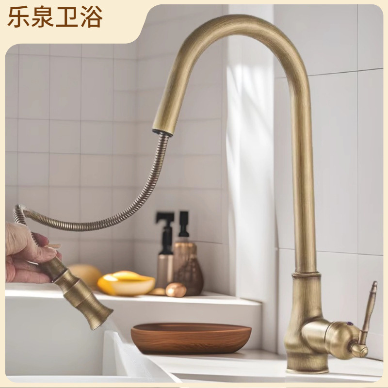 Cobre retro estilo europeo grifo antiguo cepillado oro color vegetal cuenca cocina grifo caliente y fría