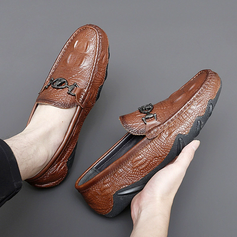 Осьминог Шапка-бини Мужская кожаная обувь для вождения Весна и лето easiest for match Рельефный крокодиловый узор Настоящий первый слой из воловьей кожи Повседневная кожаная обувь для мужчин