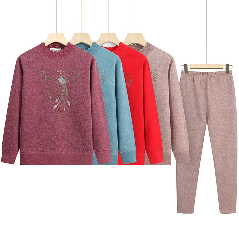 Женское термобелье для матери-зимы, холодостойкий утолщенный костюм на флисовой подкладке, жаккардовый взрыв со средним воротником для среднего и пожилого возраста, большие размеры