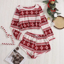 秋冬新款珊瑚绒圣诞毛球装饰圆领短裤长袖套装欧美欧美  现货