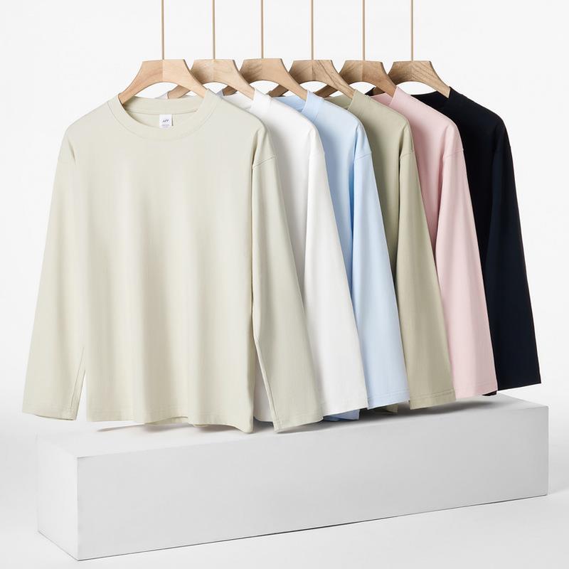 230G秋季新疆精梳全棉重磅圆领纯色长袖男t恤宽松打底衫女