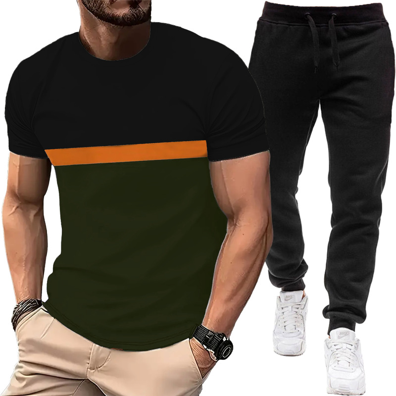 2025 夏半袖ラウンドネック Tシャツヨーロッパとアメリカの新しいクロスボーダーカラーマッチングスポーツレジャー Tシャツメンズパンツスーツ|undefined