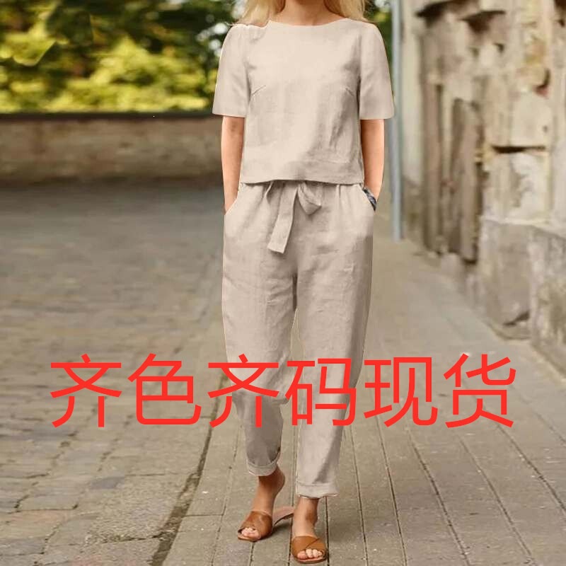 In-Stock Cross-Border Foreign Trade Women's Cotton and Linen Summer Outfit Set: Half-Sleeve O-Neck Oversized Blouse and Wide-Leg Pants Vintage Set
