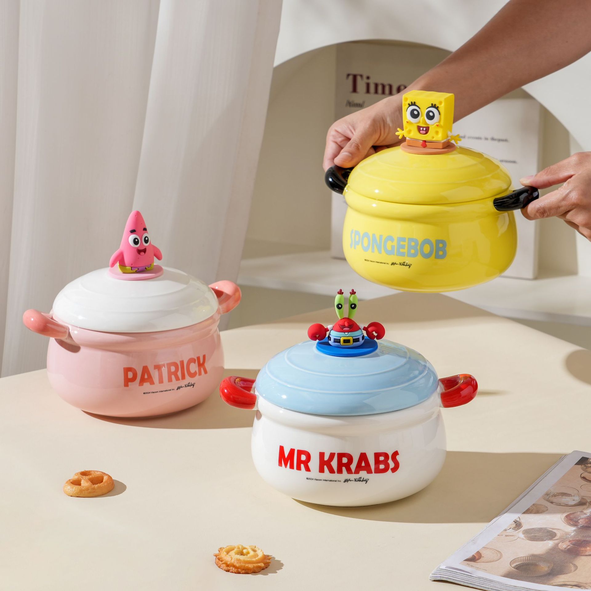 Bob Esponja bols de cerámica bols de fideos de cerámica bols de cerámica bols de cerámica bols de dibujos animados de gran capacidad de muñeca de doble oreja