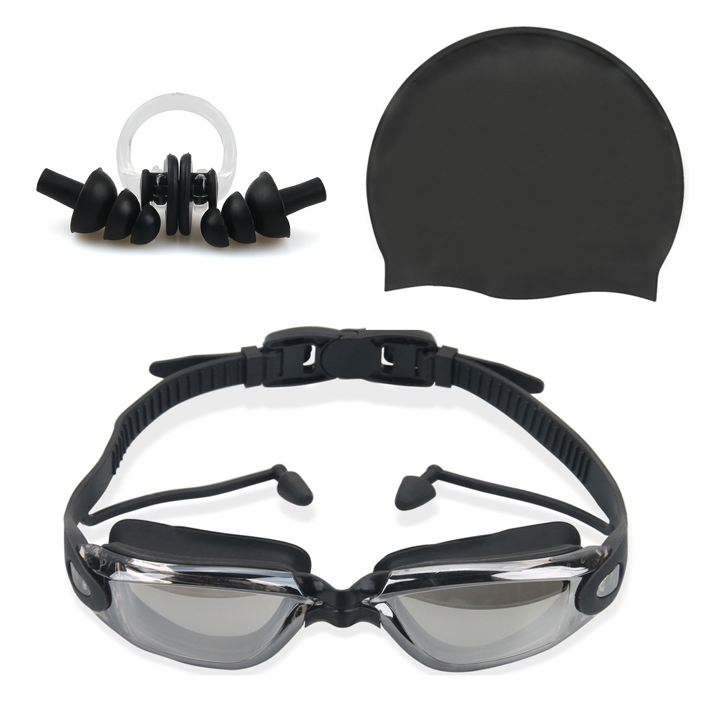 블랙 수영 고글 가방 + 실리콘 캡 + 귀마개 및 코 클립