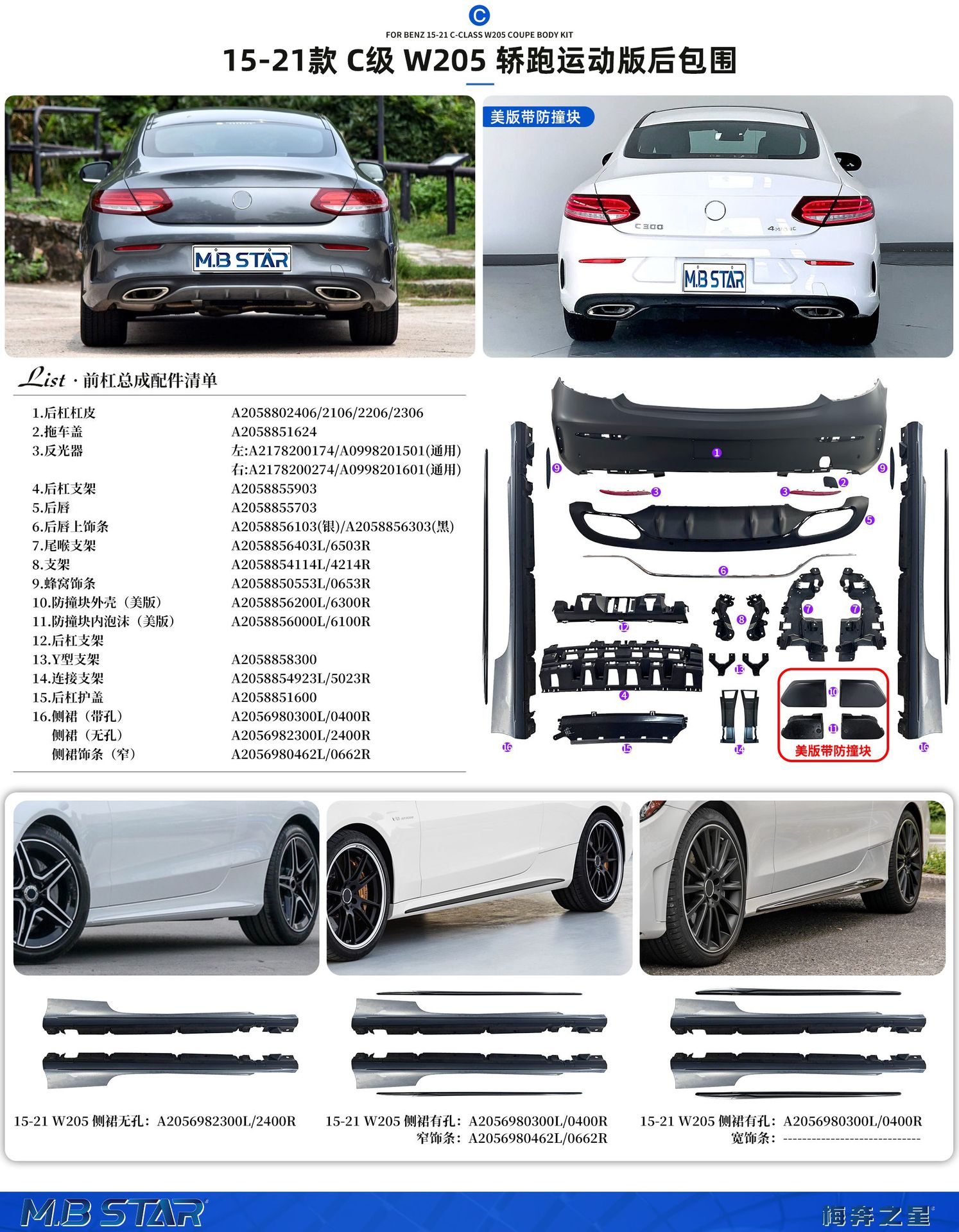 Suitable for Mercedes-Benz C-Class W205 15-21 Models Coupe Double-Door Rear Bumper Skin A2058802406/2106/2206