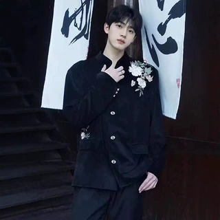 黑色花卉刺绣新中式轻国风上衣立领西装外套男cleanfit中山装西服