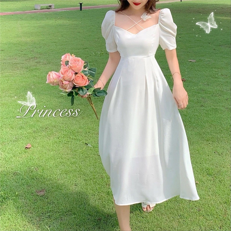 Cross-Border Graduation Season French Square-Neck White First Love Dress, Retro Fairy-Like Puff Sleeve Elegant Mid-Length Dress Cross-Border Graduation Season French Square-Neck White First Love Dress, Retro Fairy-Like Puff Sleeve Elegant Mid-Length Dress