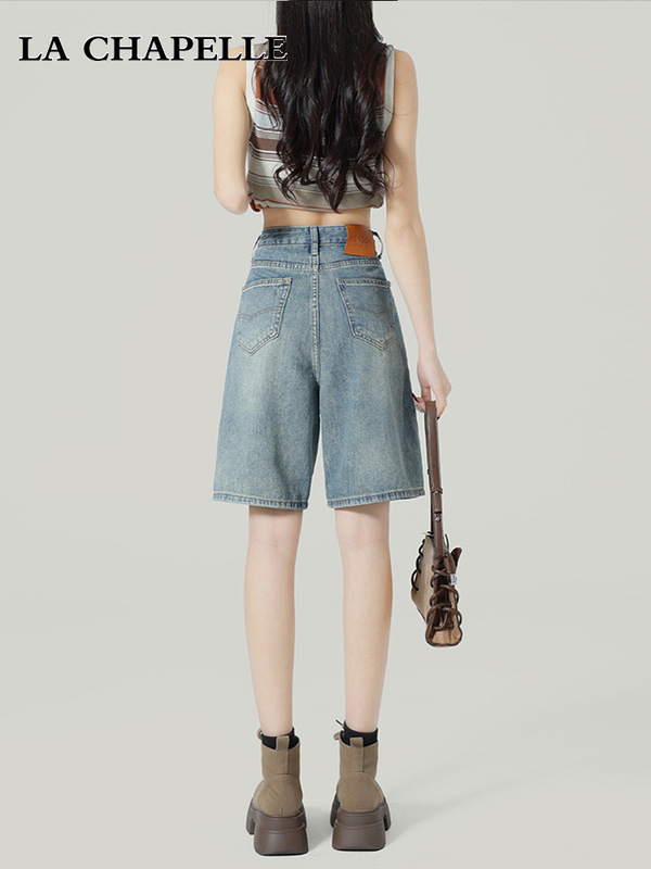 La Chapelle High-Waisted Denim Shorts for Women, Summer 2025 New Loose Straight Petite Mid-Length Shorts